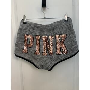 Victoria Secret Pink Bling Sequin Shorts M Gray Logo Fairy Sparkly Schoolgirl